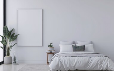 Minimalist bedroom interior with white bedding, plants, and empty frame on wall, showcasing simplicity and elegance in home decor.