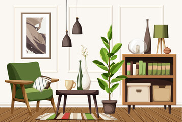 Living room interior with an armchair, a cabinet, a table, a painting, and a big ficus tree. Living room interior design with retro furniture in green and brown colors. Cartoon vector illustration