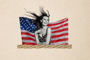 Banner poster ads collage of positive girl look enjoy 4th july on american flag pastel color background