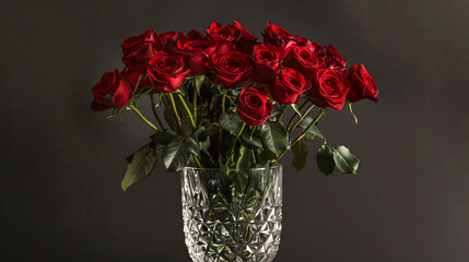 Fototapeta premium A bouquet of vibrant red roses arranged in a crystal vase against a dark background, showcasing beauty and elegance in floral arrangement.