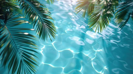 3D rendering of palm leaves shadow on the water surface in a swimming pool with a light blue background