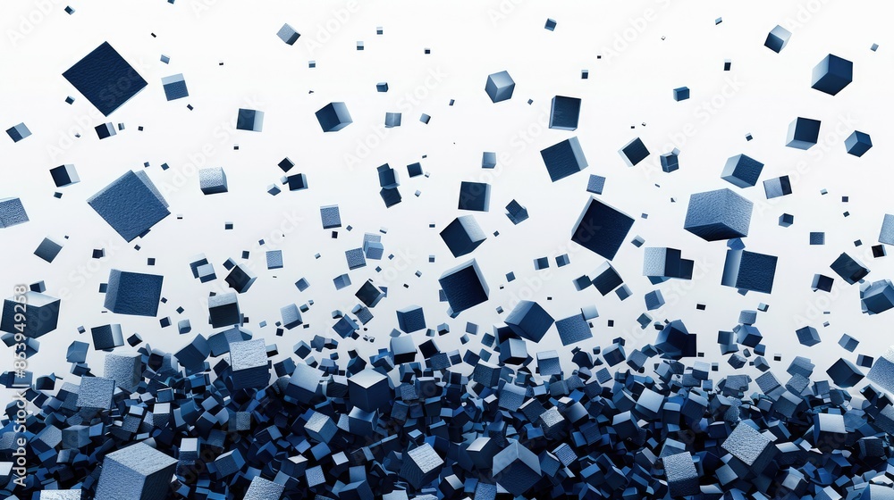 Poster abstract art design of floating blue cubes on a white background. digital image of variant blue box 