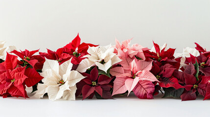 A vibrant assortment of red, white, and pink poinsettia flowers arranged in a row against a white background.