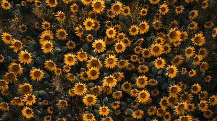 A vibrant field of blooming sunflowers in full view, radiating bright yellow petals and green foliage.