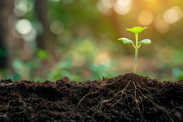 Young plant seedling with roots in fresh soil