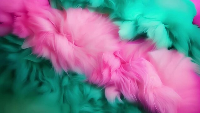 Soft pink and green cotton candy colors long feathers in a fluffy textured pattern abstract motion background top view