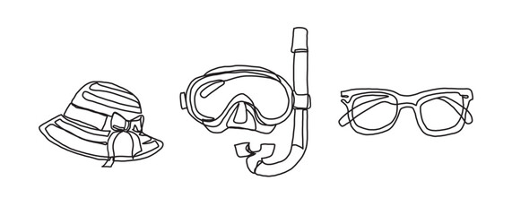 Hat, snorkel, sunglasses continuous one line drawing, single line art element, minimalist sketch line vector illustration, summer holiday concept