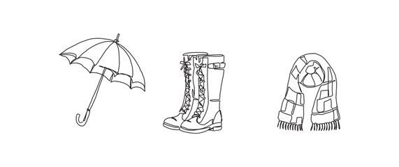Umbrella, boots, scarf continuous one line drawing, single line art element, minimalist sketch line vector illustration, autum and thanksgiving concept