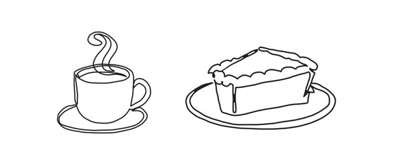 Hot cocoa coffee, pumpkin pie continuous one line drawing, single line art element, minimalist sketch line vector illustration, autum and thanksgiving concept