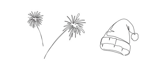 Fireworks, winter hat continuous one line drawing, single line art element, minimalist sketch line vector illustration, christmast winter new year concept