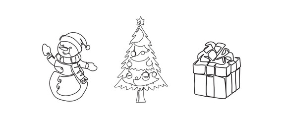 Snowman, christmas tree, gift box continuous one line drawing, single line art element, minimalist sketch line vector illustration, christmast winter new year concept