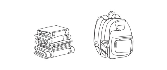 Stack of books, student backpack continuous one line drawing, single line art element, minimalist sketch line vector illustration, back to school concept