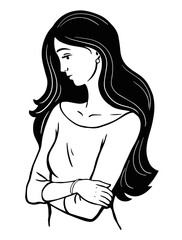 Sad face of a young woman. Beautiful pensive girl. Reflection on the question. Female emotion, mood and frustration. Art black illustration on white background. Drawing line