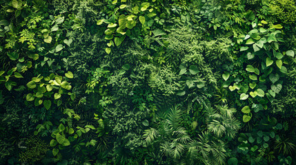 Fototapeta premium Lush vertical garden with diverse green foliage creating a beautiful natural wall backdrop, perfect for nature-themed projects.