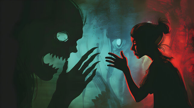 Phobia illustrated by exaggerated, looming shadows of common fears.


