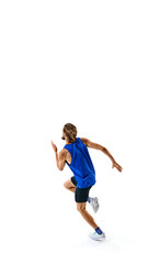 Dynamic image of athletic young man in blue uniform, competitive runner in motion, training isolated on white studio background. Concept of sport, marathon, competition, healthy and active lifestyle