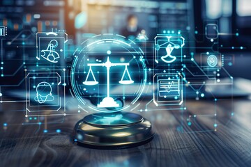 Top view Lawyers having Business hi tech, mechanical technology Concepts of Legal services at the law office work Legal advice online on computer labor law virtual file folder