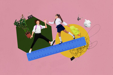 Composite photo collage of happy teenage schoolboy girl high five gesture supplies education...