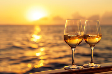 Two glasses of wine at sunset by the ocean