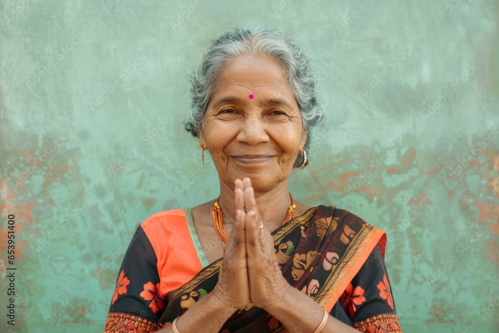 Wall mural portrait of a content indian woman in her 40s joining palms in a gesture of gratitude isolated on pa - Wall murals