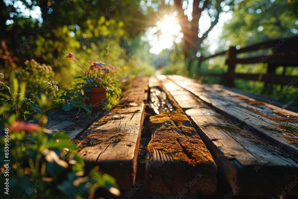 Poster the picture of the wood table in the middle of the forest that surrounded with an uncountable amount