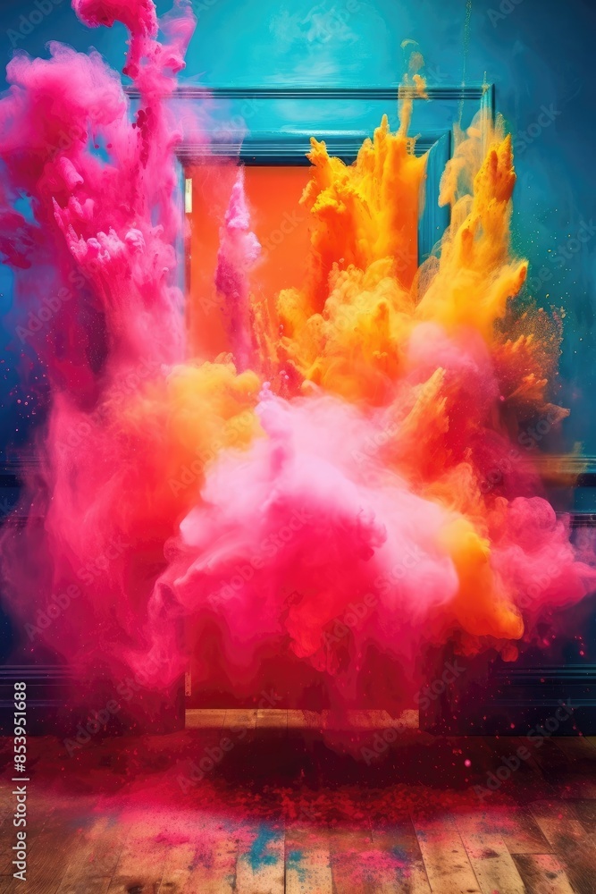 Poster explosive color burst in orange, pink, and blue. vertical image of exploding motion of multicolored 