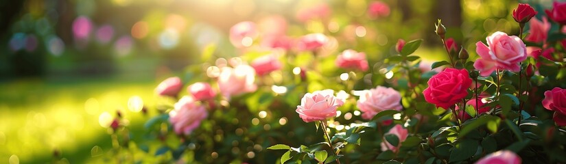 Obraz premium Sunlit pink rose bush background banner