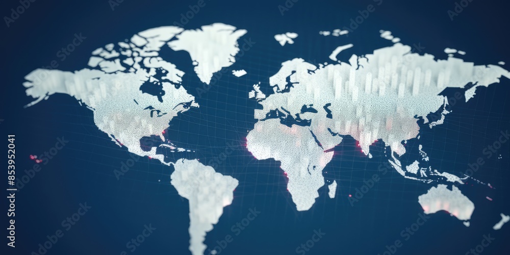 Aufkleber digital world map with glowing cyber data points on dark blue background. global connectivity and in