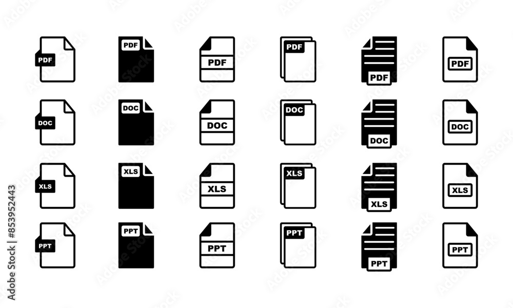 Aufkleber set of document format doc, pdf, ppt and xls vector icons. file type. vector 10 eps.