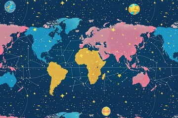 Fototapeta premium seamless pattern flat illustration style, world map planet Earth is shrouded in a network grid. Space technology, Internet coverage of Earth world map