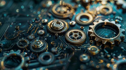 Intricate Gears Interlocking on a Circuit Board
