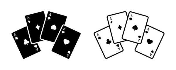 Set of playing card vector icons. Gambling game. Four card. Black outline icons. 