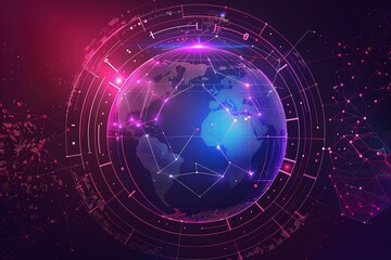 seamless pattern flat illustration style, world map A globe of a planet surrounded by neural neon nexus lines, grid and nodes. Creative concept of technological progress, the World Wide Web banner. 