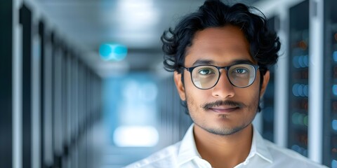 Fototapeta premium Closeup photo of South Asian IT specialist in server room skilled in technology. Concept Technology, IT Specialist, South Asian, Server Room, Close-up Portrait