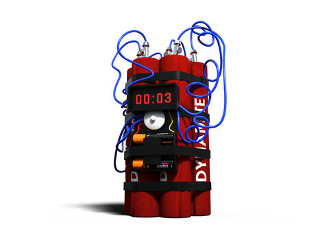 Bombe artisanale compos&eacute;e de b&acirc;tons de dynamite et d'un minuteur - isol&eacute; sur fond transparent - rendu 3D