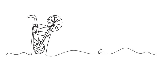 Lemonade fruit drink continuous one line drawing, single line art element, minimalist sketch line vector illustration, summer travel holiday concept
