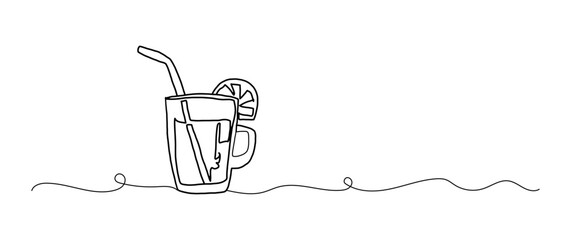 Lemonade drinking continuous one line drawing, single line art element, minimalist sketch line vector illustration, summer travel holiday concept