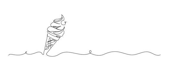 Ice cream cone continuous one line drawing, single line art element, minimalist sketch line vector illustration, summer travel holiday concept