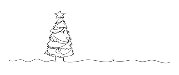 Christmas tree continuous one line drawing, single line art element, minimalist sketch line vector illustration, christmas winter new year concept