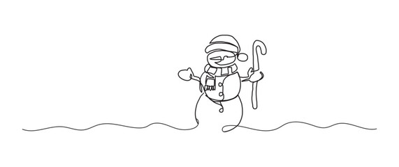 Snowman continuous one line drawing, single line art element, minimalist sketch line vector illustration, christmas winter new year concept