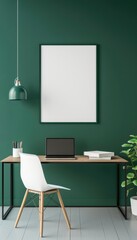 Minimalist office workspace with a blank poster frame, modern desk setup, white chair, and a green wall for a productive environment.