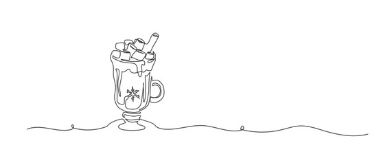Hot cocoa with marshmallows continuous one line drawing, single line art element, minimalist sketch line vector illustration, christmas winter new year concept