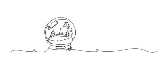 Snow globe continuous one line drawing, single line art element, minimalist sketch line vector illustration, christmas winter new year concept