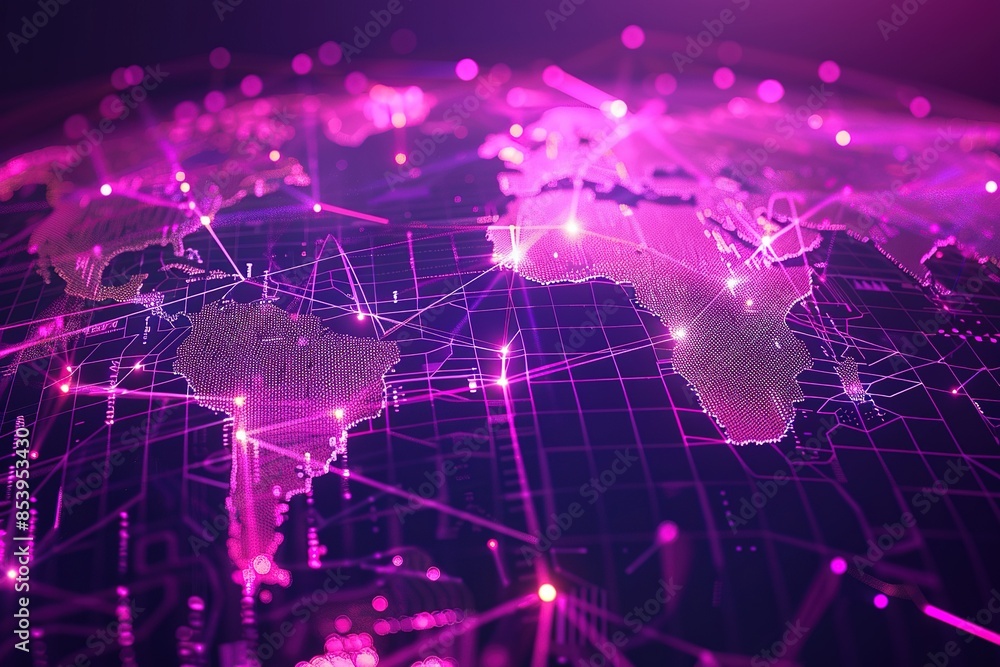 Fototapete seamless pattern flat illustration style, world map glowing digital global earth map background. neo