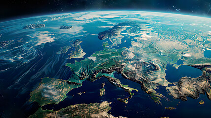 Photorealistic image of Europe seen from space detailed continents and bodies of water and clear...