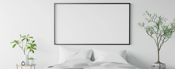 Minimalist white bedroom with blank frame above bed, green plants on nightstands, and cozy linens for a modern, tranquil vibe.