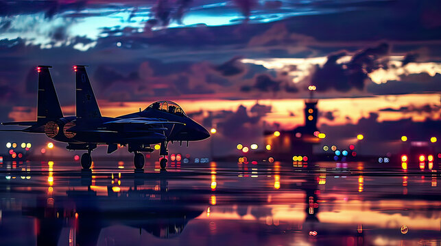 Photorealistic image of fighter jets silhouetted against a twilight sky detailed view of the aircraft on the runway colors bright airport lights nighttime air flight show - Powered by Adobe