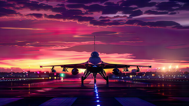Photorealistic image of fighter jets silhouetted against a twilight sky detailed view of the aircraft on the runway colors bright airport lights nighttime air flight show