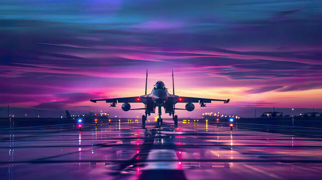Photorealistic image of fighter jets silhouetted against a twilight sky detailed view of the aircraft on the runway colors bright airport lights nighttime air flight show