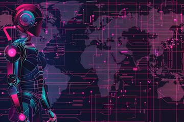 seamless pattern flat illustration style, world map AI(Artificial Intelligence) concept. robot gpt chat technology woman space for text copy space on dark background world map